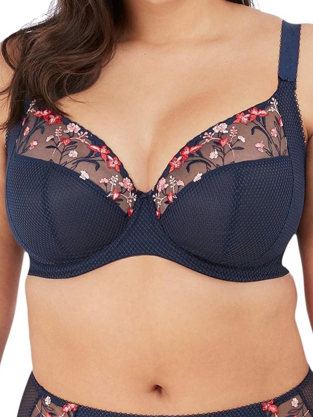 Elomi Charley Underwire Plunge Bra Navy with Pink & Red Floral Embroidery